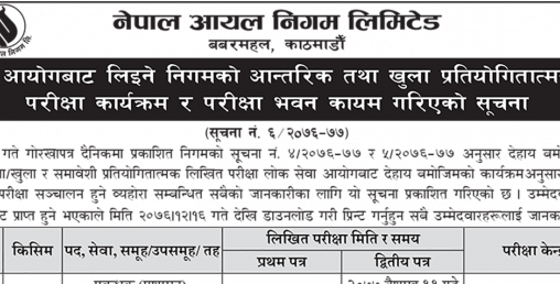 आयल निगमले तोक्यो लिखित परीक्षा केन्द्र र समय (सूची सहित)
