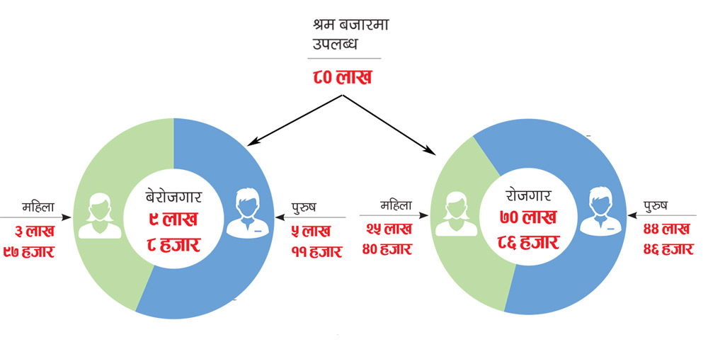 ९ लाख नेपाली बेरोजगार, पाँच लाख ११ हजार पुरुष र तीन लाख ९७ हजार महिलाले काम पाएनन